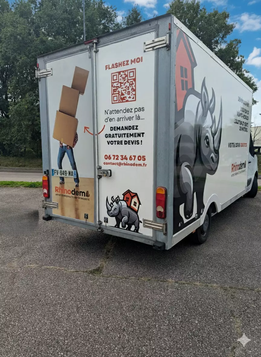 Les déménageurs dans le camion de déménagement Rhinodem à Nancy