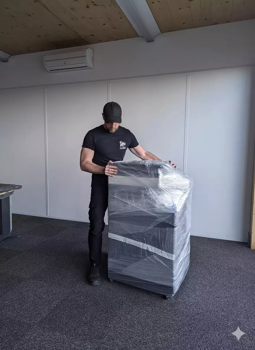 Un déménageur avec meuble emballé en film plastique.