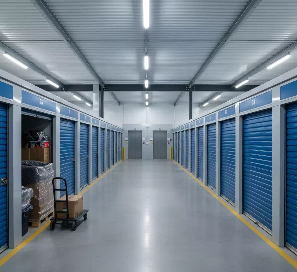 Allée de casiers de stockage.